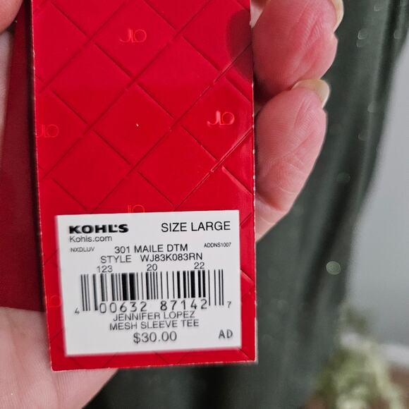 New Jennifer Lopez Metallic Green Women's Top Ruched Mesh Sleeve Large Tee - Picture 8 of 16